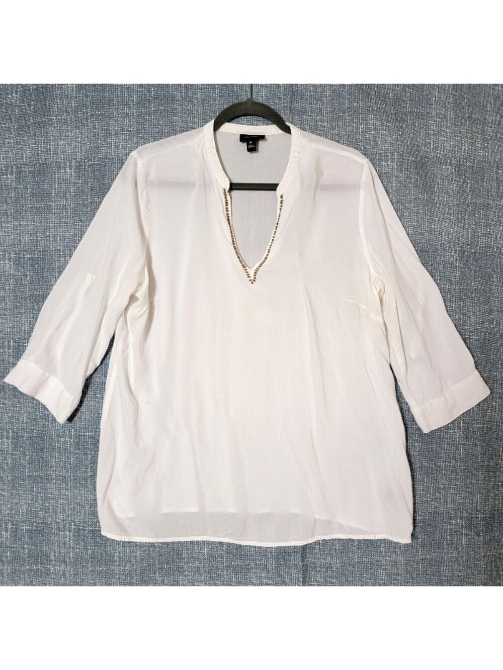 Nicole by Nicole Miller Blouse Womens Sz XL V-Neck Roll Tab Sleeves White